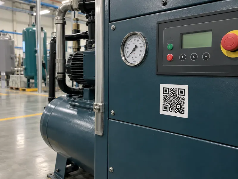 Foto de un compresor industrial con su código QR visible
